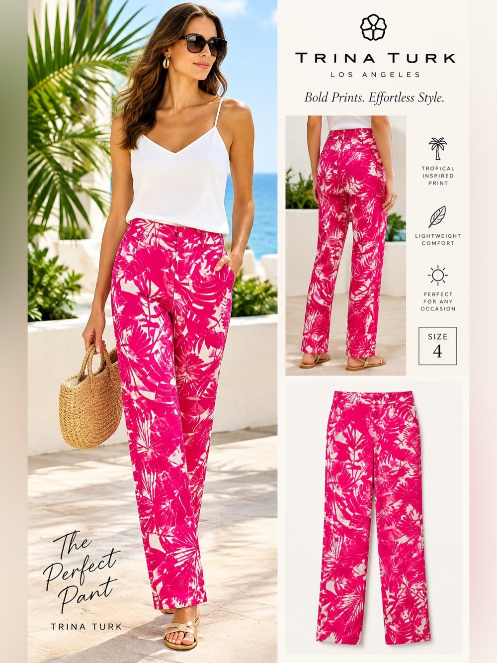 Trina Turk Hot Pink Tropical Wide-Leg Pants